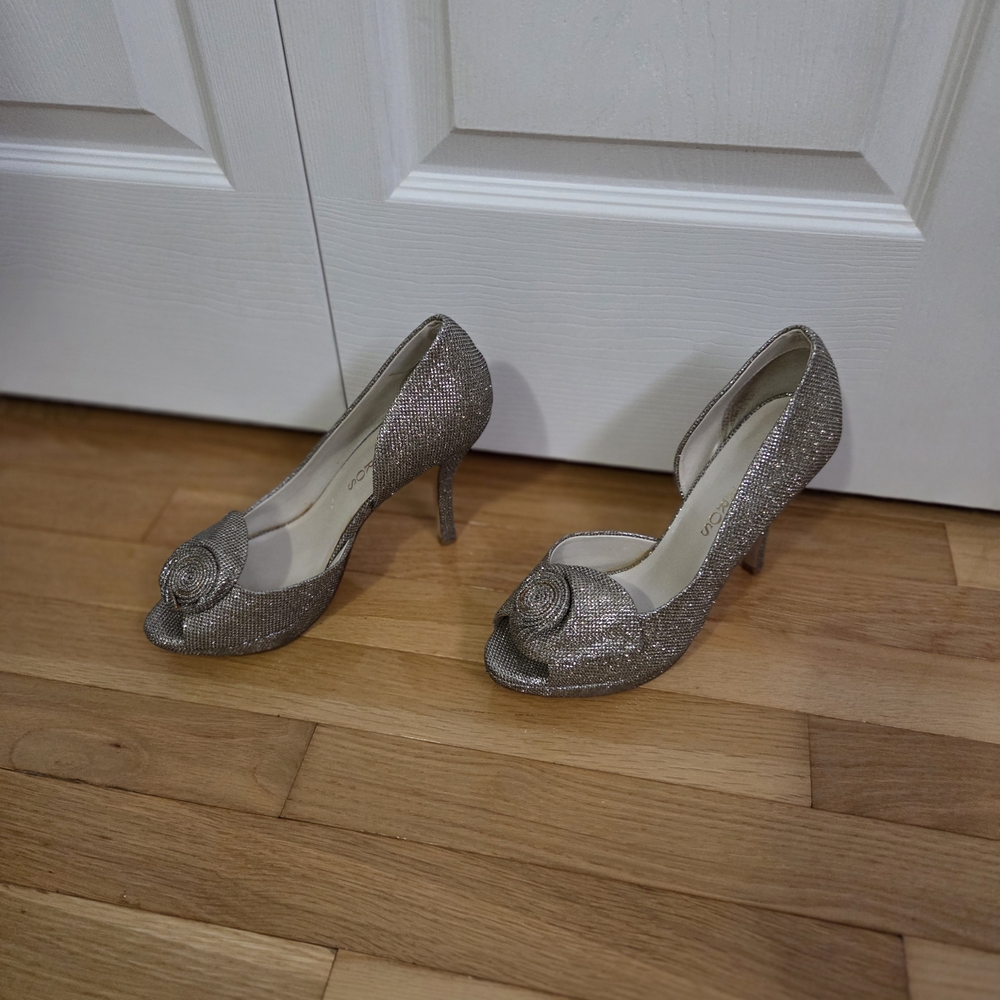 Caparros Glittering Silver Peep-Toe Heels